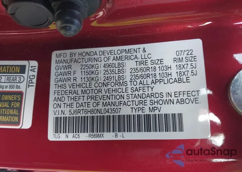 2022 Honda Cr-V Hybrid Ex-L z USA, uszkodzony, nr VIN 5J6RT6H80NL043507